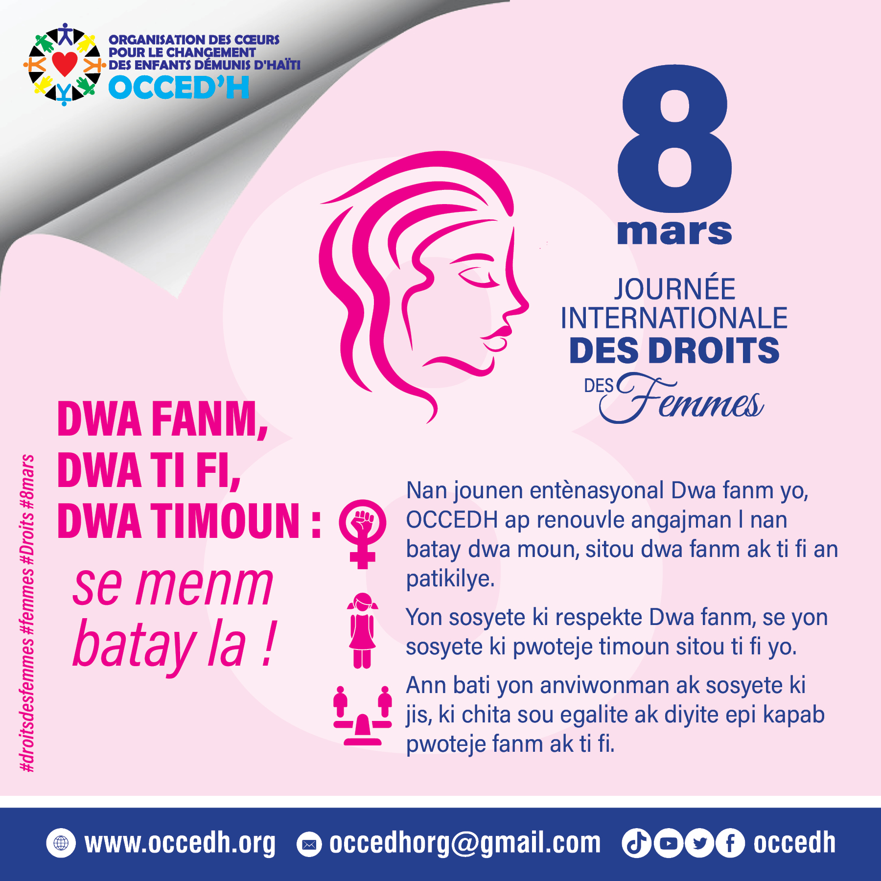 Journée internationale des droits des femmes : OCCEDH plaide pour la protection des droits des femmes et les filles